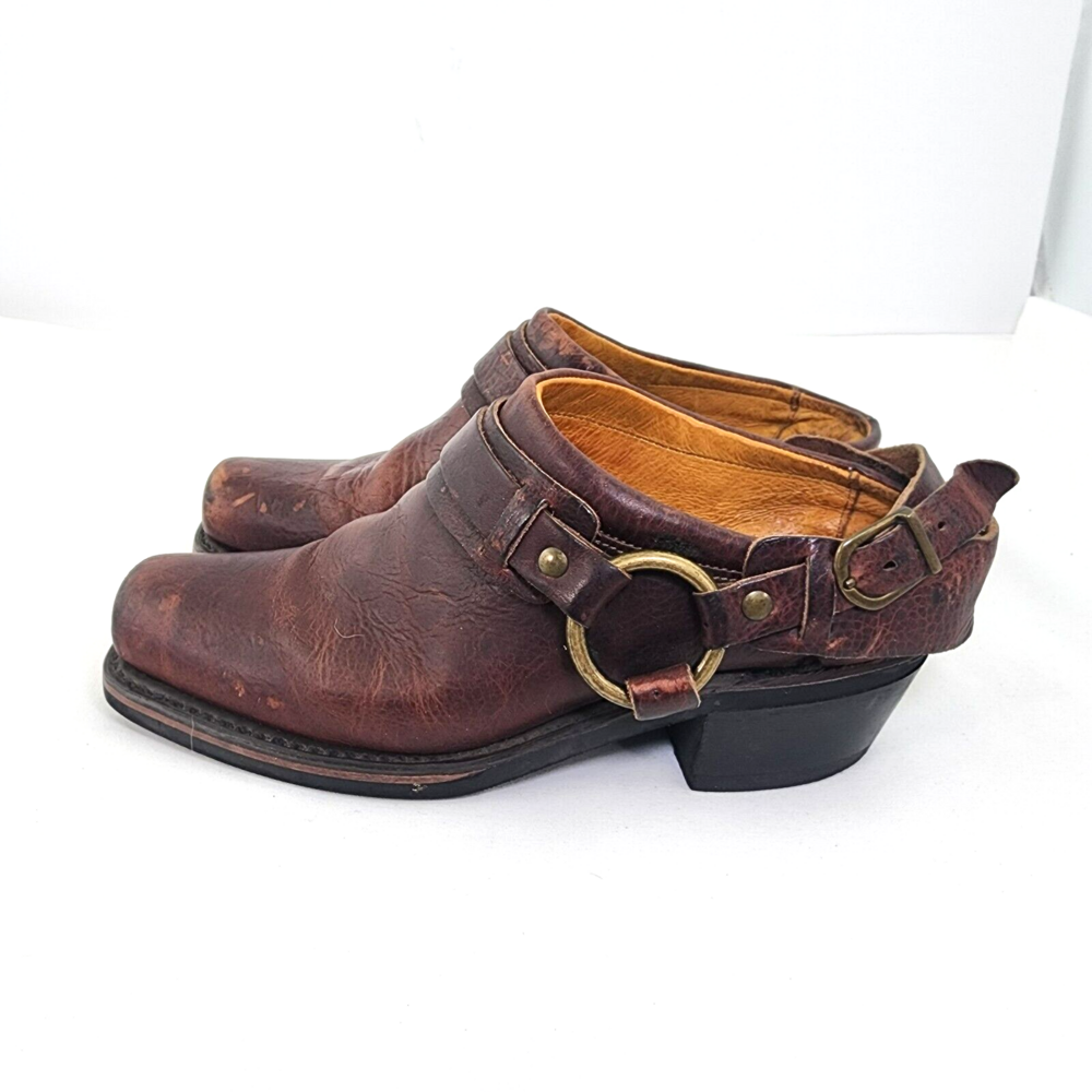 FRYE Women 7.5 M Mules Clogs Boots Brown Leather Belted Harness USA Distressed